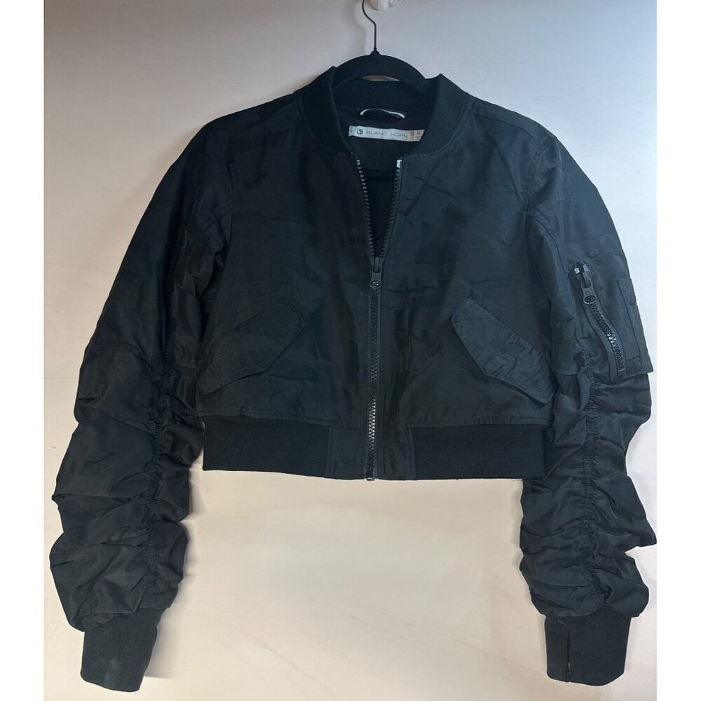 Blanc Noir Women’s Medium Cropped Jacket black Ruched Sleeve Y2K Retro old money